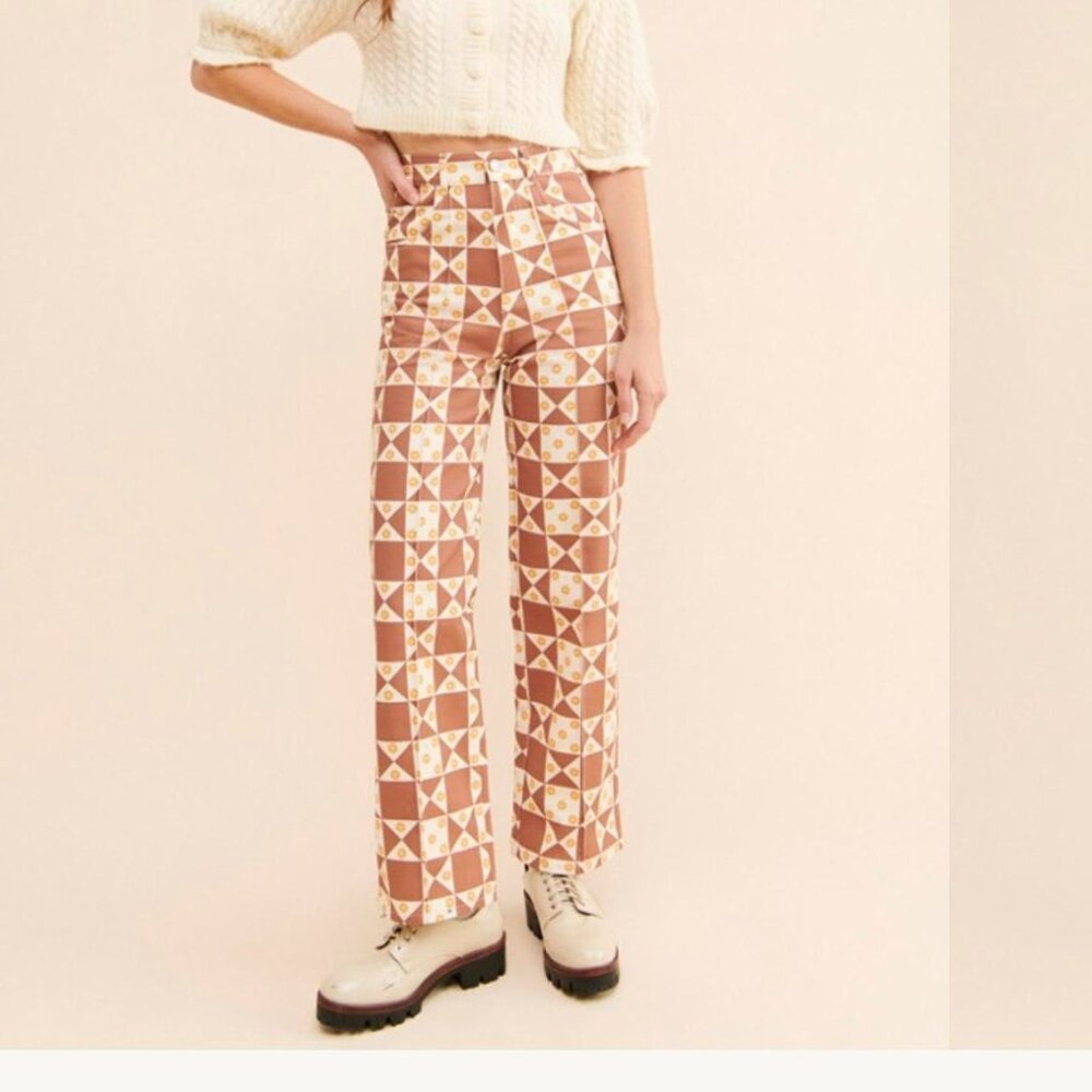 Lisa Says Gah! Patchwork Denim Pants Size 29/30 Brown, White, Yellow
